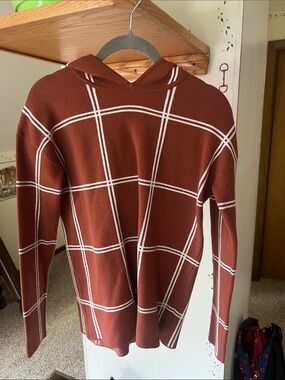 Rachel Men's Rust Windowpane Crewneck Sweater with Hood